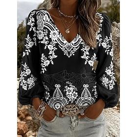 Women's Shirt Floral Graphic Geometric Bohemia Vacation Vintage Long Sleeve V Neck Regular Tops Casual Daily Holiday Black Summer Spring