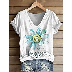Dame T-shirt Trykt mønster Blomstret Grafisk Tribal Stilfuld Klassisk Afslappet Kortærmet V-hals Almindelige toppe Afslappet Daglig Hvid Rød Sommer Forår