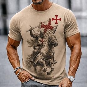 Men's Horse Knights Templar Crusaders Cross T Shirt Short Sleeve T shirt 3D Print Crew Neck Shirt Religious Daily Street Holiday Black Khaki All Seasons Clothi