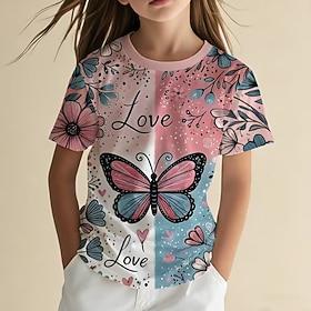 Girls' 3D Graphic Butterfly T shirt Tee Short Sleeve 3D Print Summer Spring Sports Fashion Streetwear Kids 5-12 Years Crew Neck Casual Daily Outdoor Regular Fi