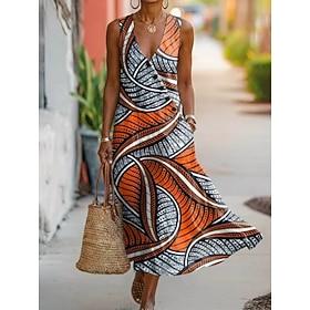 Women's Midi Dress Sundress Casual Dress A Line Dress Elegant Vacation Stylish Beach Holiday Regular Fit Floral Graphic Geometric Sleeveless V Neck Orange Rain