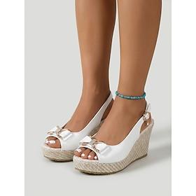 Women's White Peep Toe Wedge Sandals - Elegant Platform Slides with Rhinestone Bow  Woven Sole for Cruise Vacations, Captain's Dinners  Summer Resort Wear