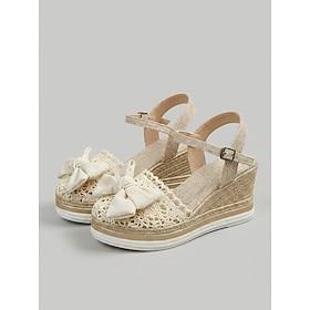 Beige damesandaler med espadrille i blonde - elegante plateauhæle med sløjfedetaljer ankelrem til ø-ferier, strandbryllupper sommerferietøj