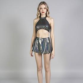 Dame 3-delt rave-outfit med metallisk laserglitter, halterneck crop top og flæset mini-nederdel med bund, sexet musikfestivaltøj