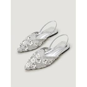 Women's Silver Flat Slingback Shoes - Floral Rhinestone Mesh Flats for Resort Dinners, Vacation Parties and Summer Evenings
