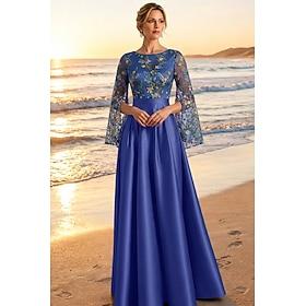 A-linje Gulvlang Aften Kjoler Elegant Blomster Langærmet Rund hals Aftenselskab Bryllup Lomme Satin Blondelukning med Broderet blomst Plissé Broderi