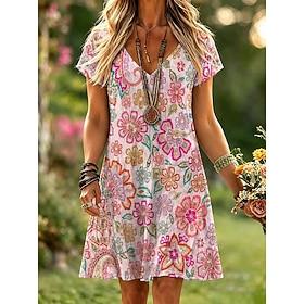Women's Knee Length Dress T Shirt Dress Tee Dress A Line Dress Vacation Casual Boho Beach Regular Fit Floral Graphic Short Sleeve V Neck Pink Green Summer Spri
