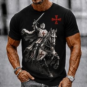 Herre Hest Tempelridderne Kors T-shirt Kortærmet T-shirt 3D-udskrivning Rund hals Skjorte Religiøs Daglig Gade Ferie Sort Brun Kakifarvet Alle årstider Tøj S M