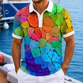 Men's Geometic Hawaiian Polo Shirts Short Sleeve Polo Shirts Collared Shirts Casual Resort Athleisure Vacation Wear 3D Print Buttons Breathable Mesh Spring  Su