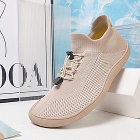 Beige herresneakers med barfodet strik og snørebånd - lette, komfortable vandresko - åndbare, minimalistiske afslappet sko til daglig brug, rejser, pendling og