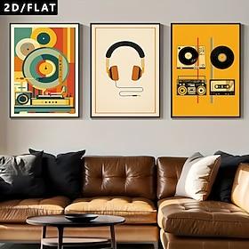 3 stk. grammofon, radio, hovedtelefoner, vinylplader, kassettebånd, retro musikelementer, kunstlærredsplakater, lærredsmalerier, velegnet til musikklasseværels