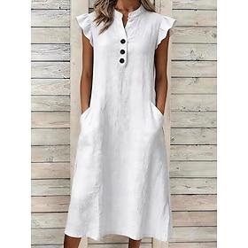 Women's Midi Dress Casual Dress A Line Dress Summer Dress Basic Classic Daily Vacation Regular Fit Loose Fit Plain Sleeveless Stand Collar Blue Khaki White Sum
