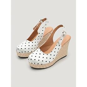 Hvide dame espadriller med polkaprikker og wedges - satin platform pumps med slingback-rem til ø-ferier, sommerhavefester krydstogtrejser