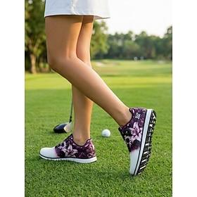 Women's Purple Floral Print Golf Shoes - Elastic Band Sneakers, Comfortable Outdoor Footwear for Golf  Casual Wear