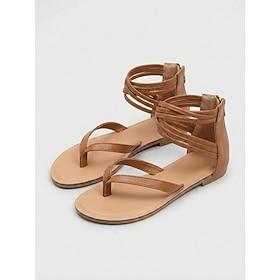 Women's Tan Strappy Flat Sandals - Minimalist Bohemian Gladiator Sandals with Ankle Wrap Design and Back Zipper for Outdoor Resort Vacations, Tropical Island T