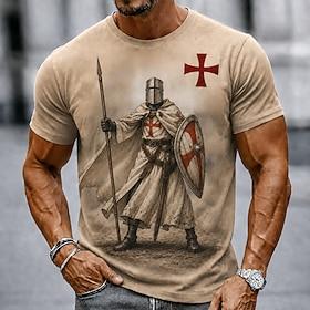 Herre Tempelridderne Kors T-shirt Kortærmet T-shirt 3D-udskrivning Rund hals Skjorte Religiøs Daglig Gade Ferie Brun Kakifarvet Alle årstider Tøj S M L XL XXL