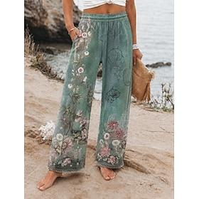 Women's Waffle Wide Leg Chinos Vacation Basic Full Length Mid Waist Graphic Print Comfortable Inelastic Vacation Formal Street Green Summer Spring