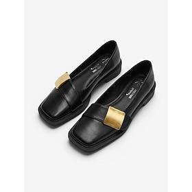 Women's Black Square Toe Flats with Large Gold Buckle - Comfortable Slip-on Flat Shoes for Work, Office, and Casual Wear