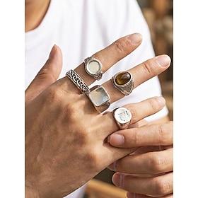 Herre boho vintage ringsæt - 5-delt geometrisk sølvlegering med kunstige ædelsten, etniske stabelbare knoringe til rejseferie, daglig afslappet brug gotisk smy
