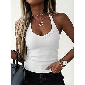Women's Tank Top Ribbed Backless Solid Color Stylish Hot Beach Sleeveless Halter Neck Crop Tops Going out Summer Blue Black White Gray Summer