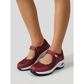 Damesandaler i bordeauxrød med mary jane-motiv - åndbare komfortsneakers i mesh med luftpude, lette, skridsikre fritidssko til rejser, udendørs gåture og dagli
