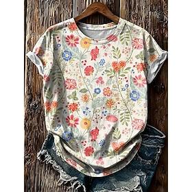 Women's T Shirt Print Floral Graphic Vintage Stylish Classic Short Sleeve Crew Neck Regular Tops Casual Daily Black White Green Summer Spring
