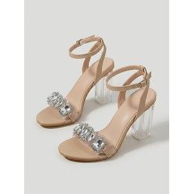 Women's Apricot Rhinestone Block Heel Sandals Transparent Ankle Strap Clear Heels for Parties and Evening Events