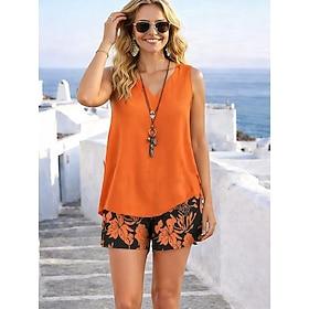 Women's Shorts Sets Sleeveless V Neck Floral Graphic Elegant Vacation Casual Daily Vacation Dark Navy Blue Purple Summer Loose Fit
