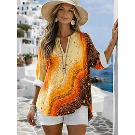 Women's Blouse Print Graphic Geometric Vintage Daily Stylish Long Sleeve V Neck Regular Tops Casual Daily Blue Purple Orange Green Summer Spring