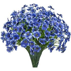 12 Bundles Artificial Flowers UV Resistant Outdoor Plants No Fade Faux Plastic Shrubs Fake Silk Flowers Window Box Garden Porch Home Decoration(Blue)