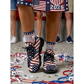 Women's 2026 Patriotic Themed Sneakers - American Flag Print Lace Up Shoes, Comfortable Fan Style Footwear for Soccer Events Everyday Wear