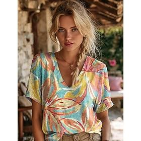 Dame T-shirt Trykt mønster Blomstret Grafisk Planter Stilfuld Klassisk Afslappet Kortærmet V-hals Almindelige toppe Afslappet Daglig Gul Orange Grøn Sommer For