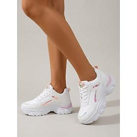 Women's White Chunky Sneakers - Stylish Platform Dad Shoes with Pink Accents  Iridescent Detail for Daily Walking, Casual Streetwear  Gym
