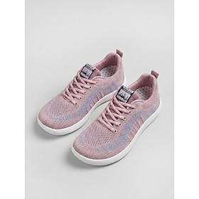 Women's Pink Knit Sneakers with Light Blue Accents - Lace-Up Casual Wide-fit Footwear with White Soles, Breathable and Lightweight Barefoot Shoes for All-day C