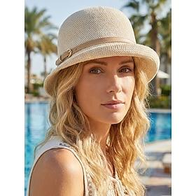 Dame boho pakbar solhat - elegant vævet polyester sommer strand bøllehat, foldbar panamahat med bred skygge til ferie, daglig afslappet brug, flere farver