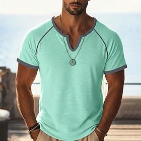 Herre T-shirt af hør Kortærmet Langærmet V-hals Forår sommer Sommer Forår Helfarve Vanlig Årgang Bohemisk Afslappet Gennemsigtig Raglan Ærmer Afslappet Feriere
