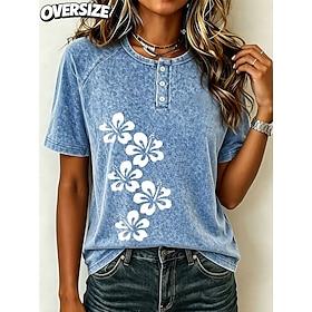 Women's T Shirt Henley Shirt Raglan T Shirt Buttons Graphic Plants Vintage Fashion Stylish Short Sleeve Henley Regular Tops Casual Daily Blue Purple Gray Summe