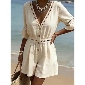 Women's Normal Romper Active Solid Color 3/4 Length Sleeve V Neck Cut Out Daily Beach Regular Fit Blue Black Pink Summer