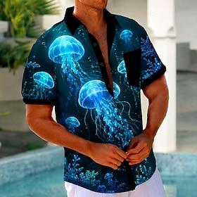 Herre Vandmænd Havdyr Neonglød Skjorte Hawaii skjorte Tropiske skjorter Kortærmet Hawaiiansk Strandferie Sommer Forår Aftæpning 3D-udskrivning Forreste en lomm