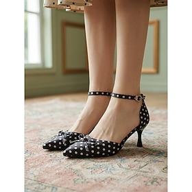 Women's 1950s Vintage Polka Dot Heels - Retro Audrey Hepburn Style Pointed Toe Pumps with Bow Accent Ankle Strap for Tea Dress Events Formal Evenings
