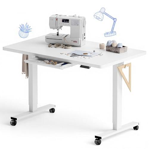FLEXISPOT Electric Adjustable Workbench, 48x30 Inches Ergonomic Worktable with Drawer and Wheels for Garage, Workshop and Office, Spacious Desktop for Sewing and Crafts, White, 4 Packages