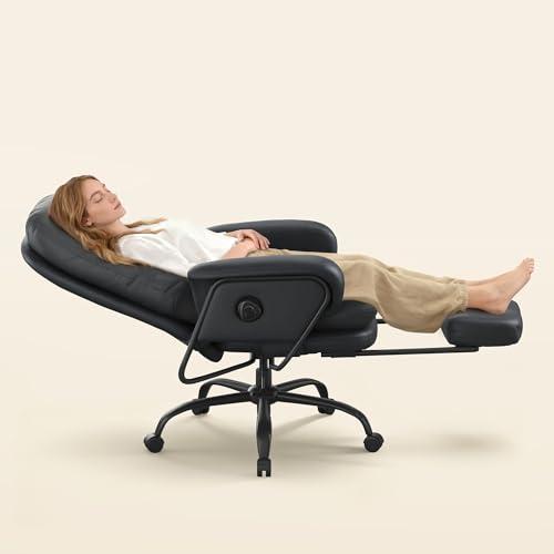 FLEXISPOT Luno 2-in-1 Chaise Lounge Chair Indoor with Wheels Footrest 90-165° Reclining Lumbar Support, Home Office Chairs for Living Room Bedroom Study Relaxing Working, Leather, Black, HC4