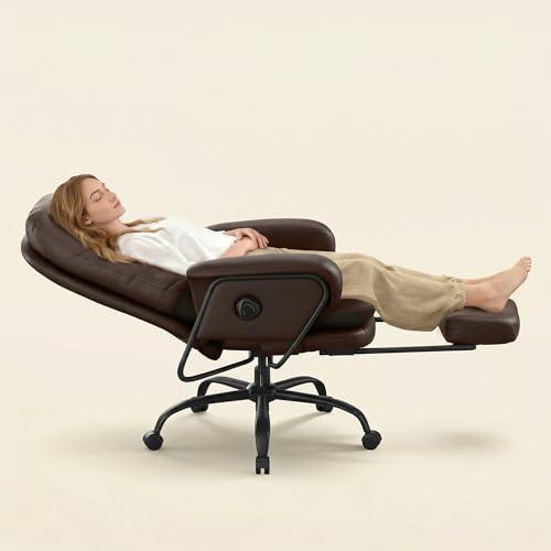 FLEXISPOT Luno 2-in-1 Chaise Lounge Chair Indoor with Wheels Footrest 90-165° Reclining Lumbar Support, Home Office Chairs for Living Room Bedroom Study Relaxing Working, Leather, Brown, HC4