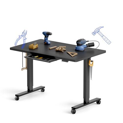 FLEXISPOT Electric Adjustable Workbench, 48x30 Inches Ergonomic Worktable with Drawer and Wheels for Garage, Workshop and Office, Spacious Desktop for Woodworking and Crafts, Black, 4 Packages