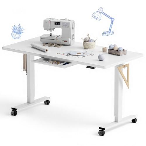 FLEXISPOT Electric Adjustable Workbench, 55x28 Inches Ergonomic Worktable with Drawer and Wheels for Garage, Workshop and Office, Spacious Desktop for Sewing and Crafts, White, 4 Packages