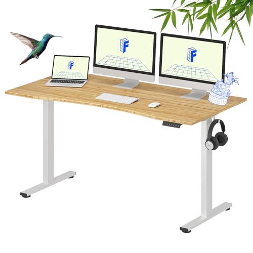 FLEXISPOT Solid Wood Standing Desk, One-Piece Real Wood Desktop, Electric Height Adjustable Desk for Home Office, 176 LBS Capacity (60"x30" Curved Bamboo, White Frame)