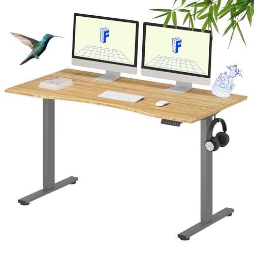 FLEXISPOT Solid Wood Standing Desk, One-Piece Real Wood Desktop, Electric Height Adjustable Desk for Home Office, 176 LBS Capacity (55"x28" Curved Bamboo, Silver Frame)