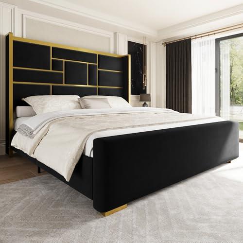 Uteeran King Size Bed Frame with 55.12" Tall Headboard, Modern Luxury Velvet Upholstered Platform Bed with Gold Trim, Wide Wingback Design, Noise-Free, Easy Assembly, No Box Spring Needed, Black