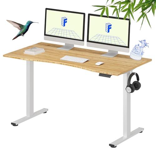FLEXISPOT Solid Wood Standing Desk, One-Piece Real Wood Desktop, Electric Height Adjustable Desk for Home Office, 176 LBS Capacity (55"x28" Curved Bamboo, White Frame)