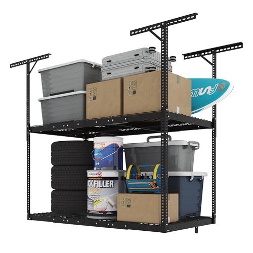 FLEXIMOUNTS 3x6 2-Tier Overhead Garage Storage Rack – Adjustable Heavy Duty Metal Garage Ceiling Storage Racks, 880 lbs Capacity – Garages Organization System for 9–15 ft Tall Garages, Black